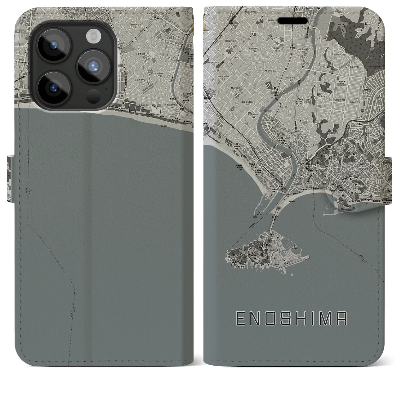 【江ノ島(神奈川県)】地図柄iPhoneケース(手帳タイプ)モノトーン・iPhone 15 Pro Max 用