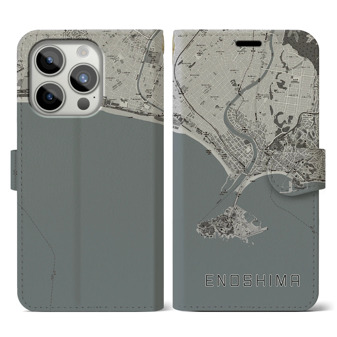 【江ノ島(神奈川県)】地図柄iPhoneケース(手帳タイプ)モノトーン・iPhone 15 Pro 用