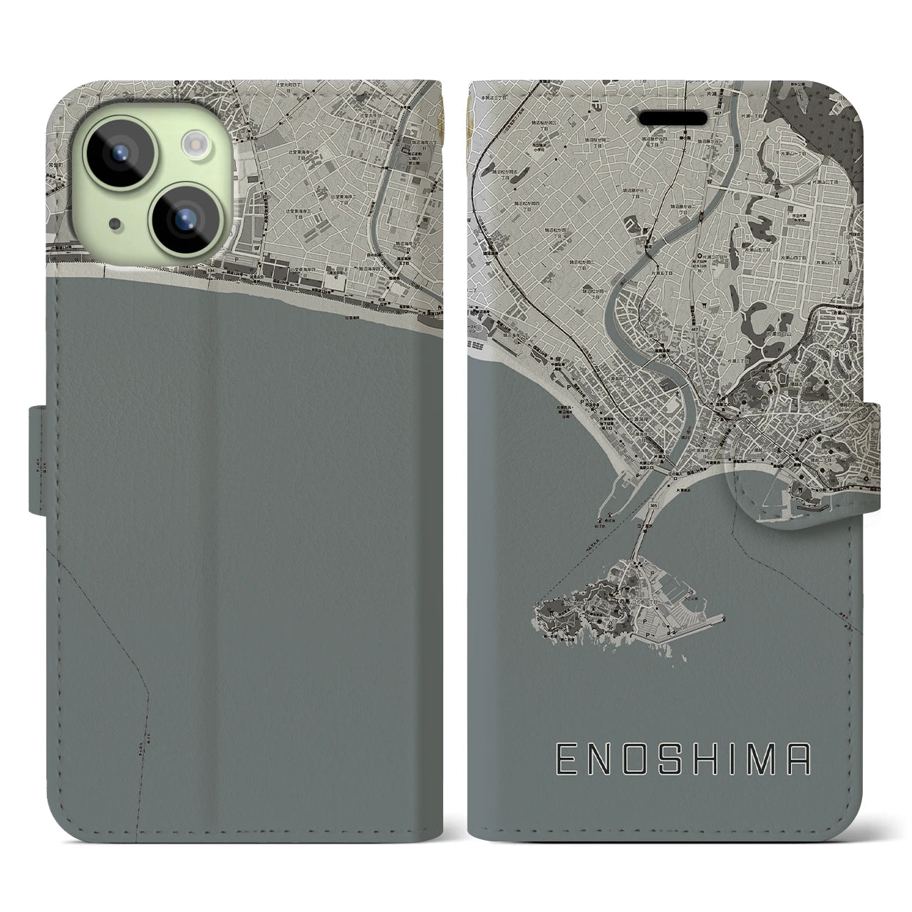 【江ノ島(神奈川県)】地図柄iPhoneケース(手帳タイプ)モノトーン・iPhone 15 用