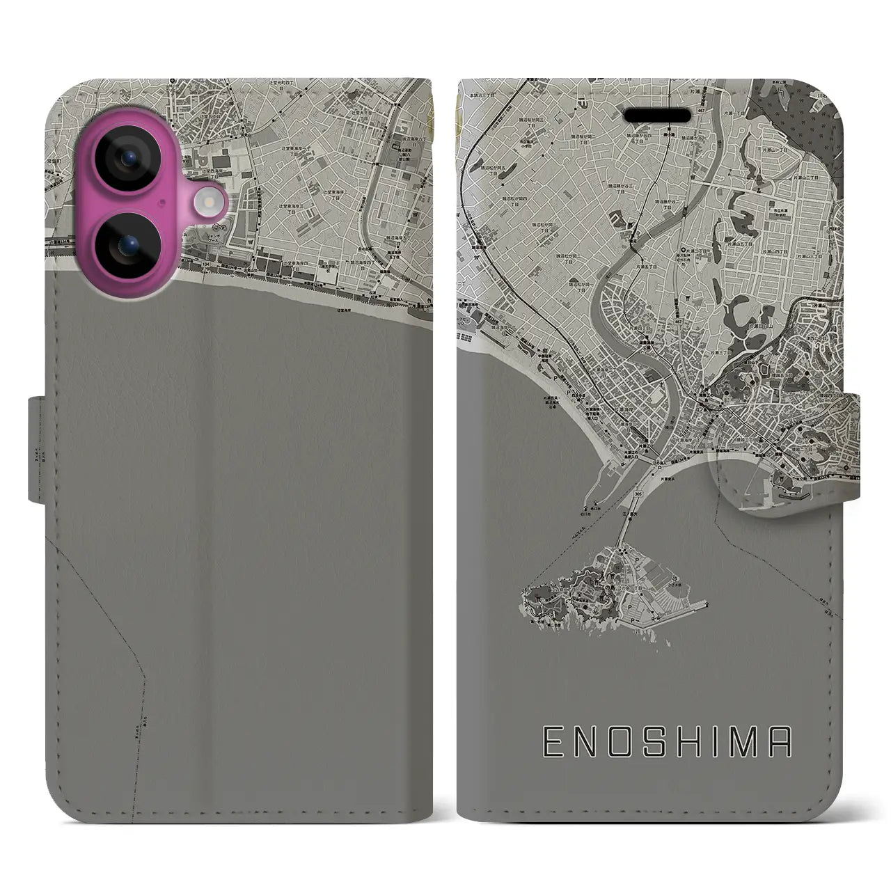【江ノ島(神奈川県)】地図柄iPhoneケース(手帳タイプ)モノトーン・iPhone 16 Pro 用