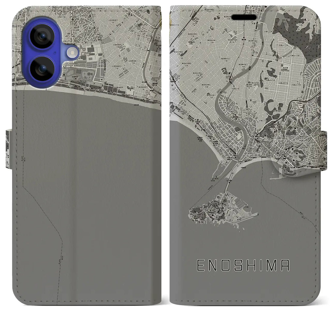 【江ノ島(神奈川県)】地図柄iPhoneケース(手帳タイプ)モノトーン・iPhone 16 Pro Max 用