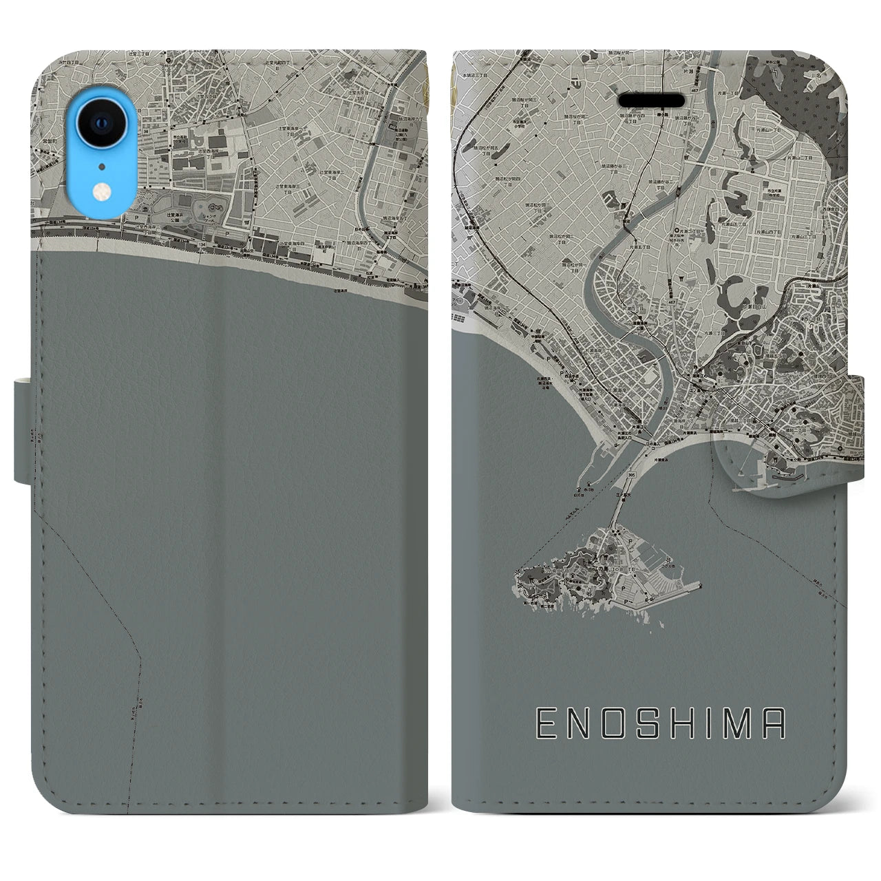 【江ノ島(神奈川県)】地図柄iPhoneケース(手帳タイプ)モノトーン・iPhone XR 用