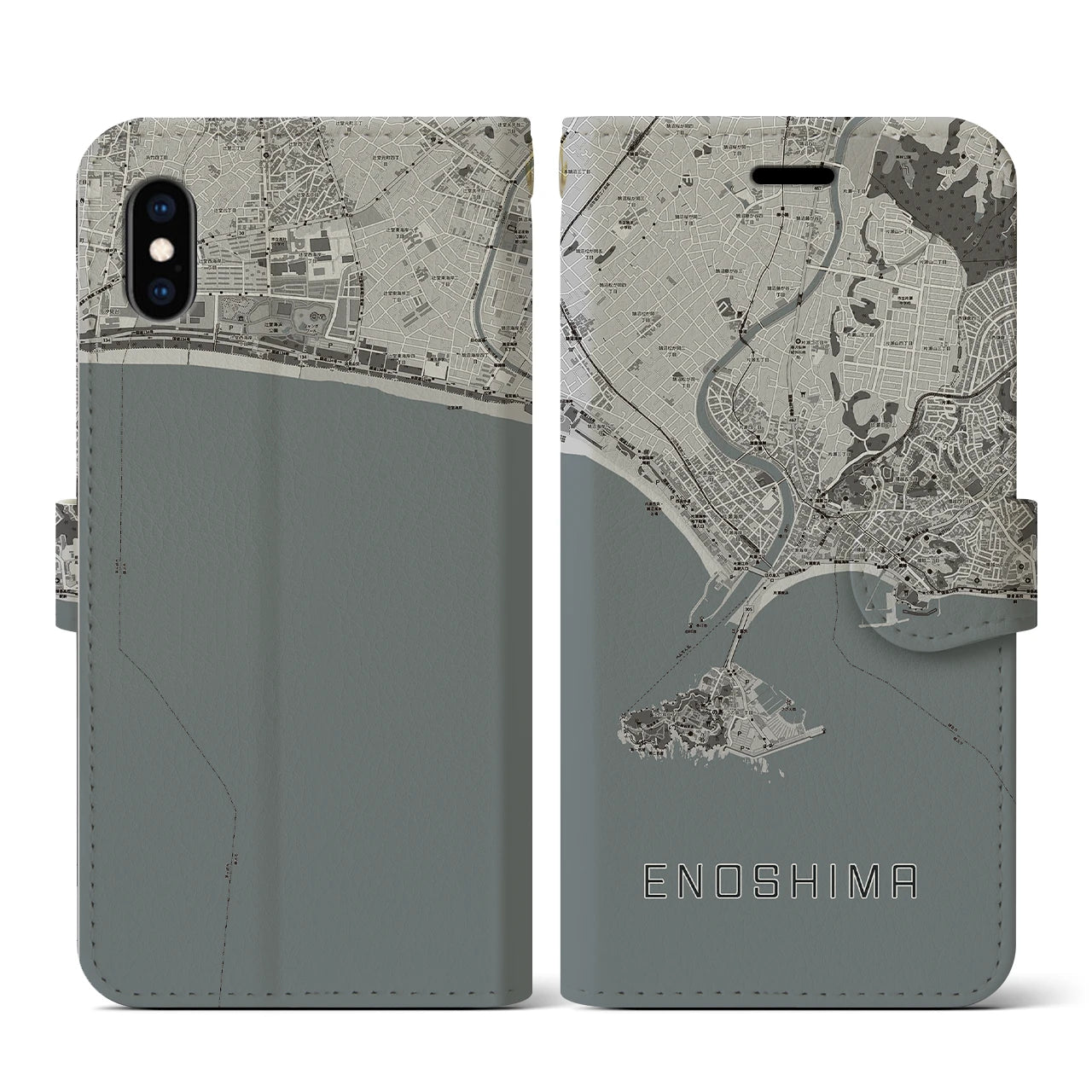 【江ノ島(神奈川県)】地図柄iPhoneケース(手帳タイプ)モノトーン・iPhone XS / X 用