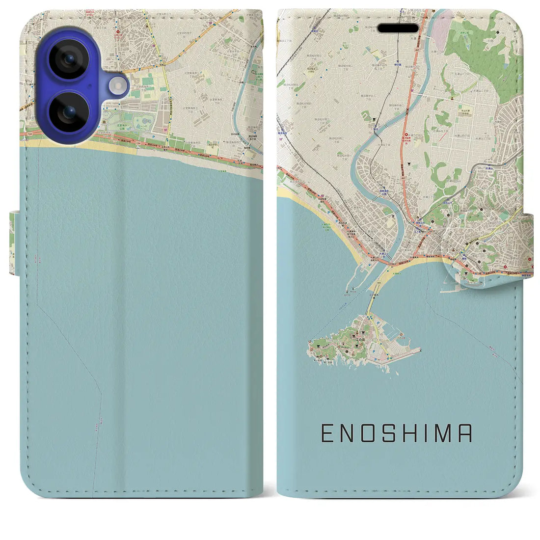 【江ノ島(神奈川県)】地図柄iPhoneケース(手帳タイプ)ナチュラル・iPhone 16 Pro Max 用