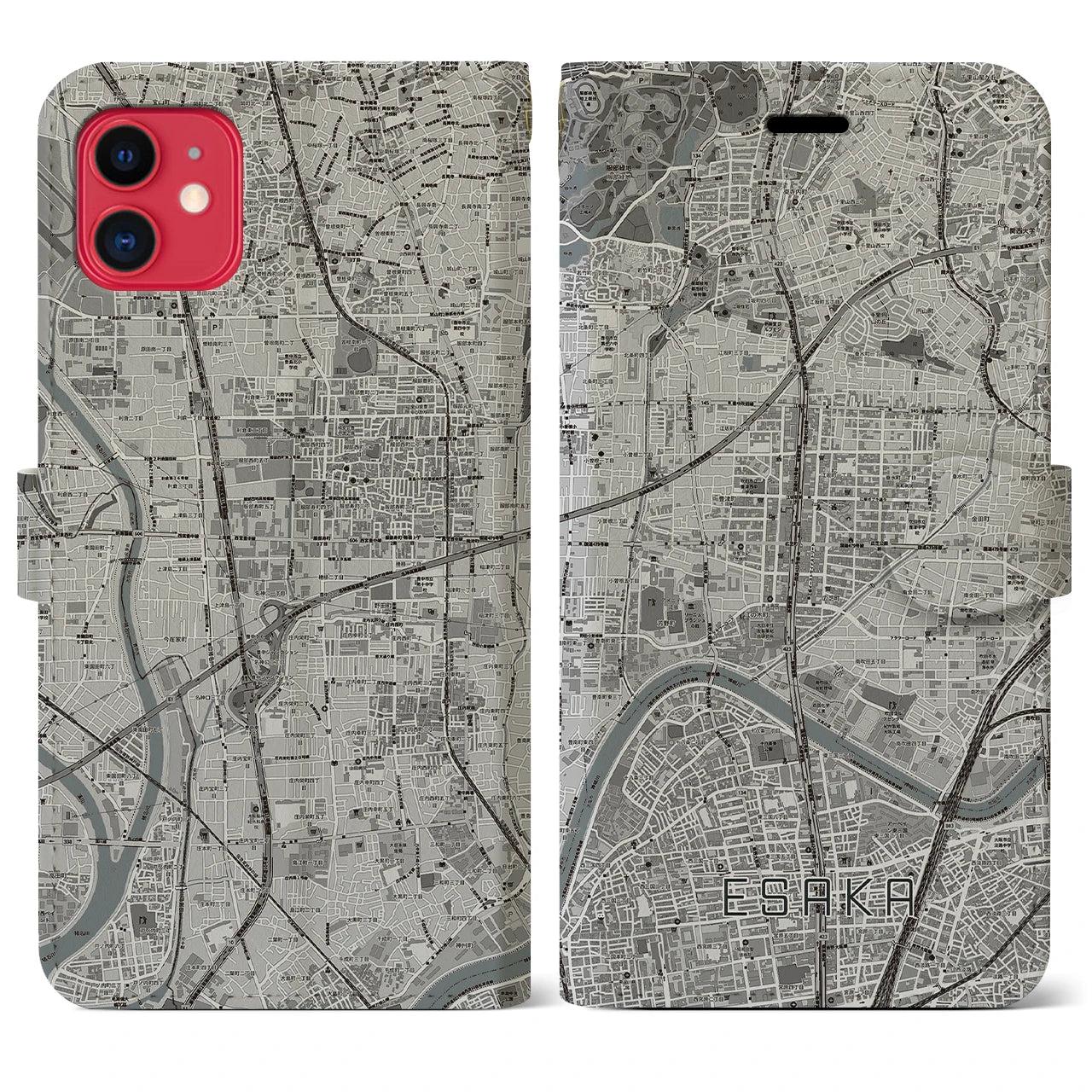 【江坂(大阪府)】地図柄iPhoneケース(手帳タイプ)モノトーン・iPhone 11 用
