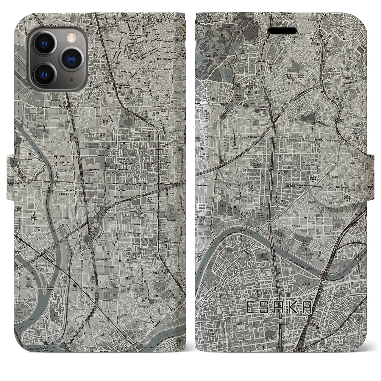 【江坂(大阪府)】地図柄iPhoneケース(手帳タイプ)モノトーン・iPhone 11 Pro Max 用