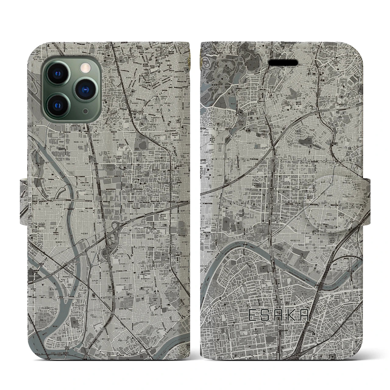 【江坂(大阪府)】地図柄iPhoneケース(手帳タイプ)モノトーン・iPhone 11 Pro 用