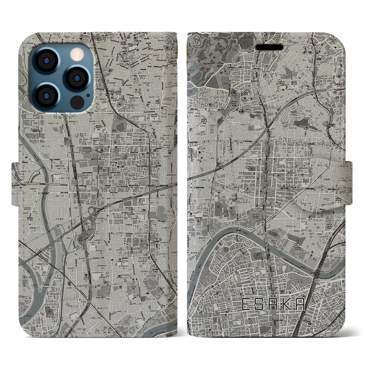 【江坂(大阪府)】地図柄iPhoneケース(手帳タイプ)モノトーン・iPhone 12 / 12 Pro 用