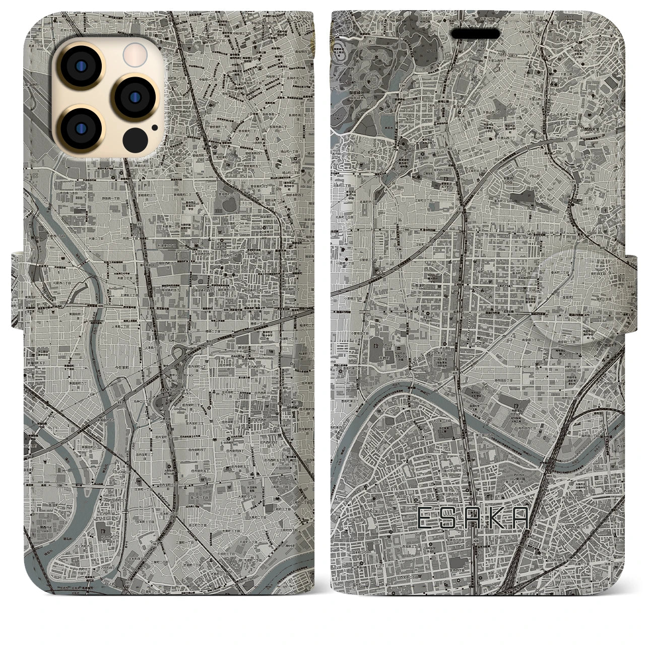 【江坂(大阪府)】地図柄iPhoneケース(手帳タイプ)モノトーン・iPhone 12 Pro Max 用