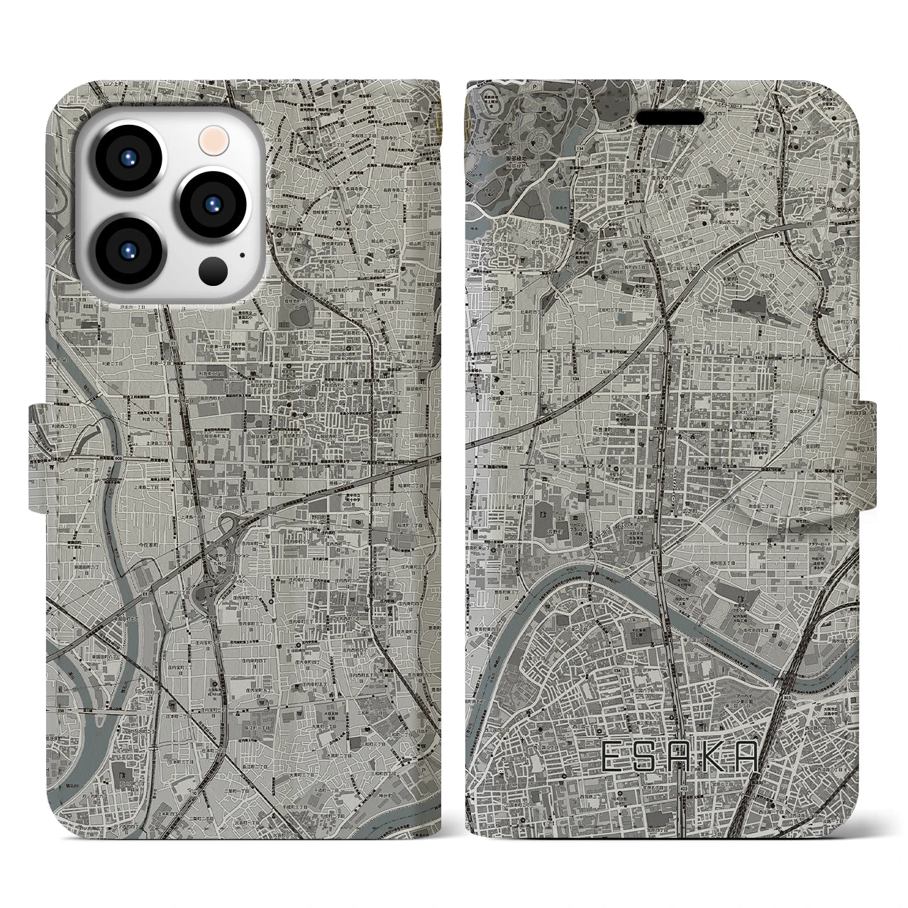 【江坂(大阪府)】地図柄iPhoneケース(手帳タイプ)モノトーン・iPhone 13 Pro 用