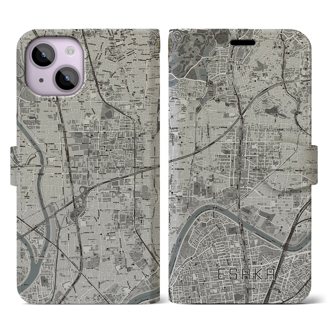 【江坂(大阪府)】地図柄iPhoneケース(手帳タイプ)モノトーン・iPhone 14 用