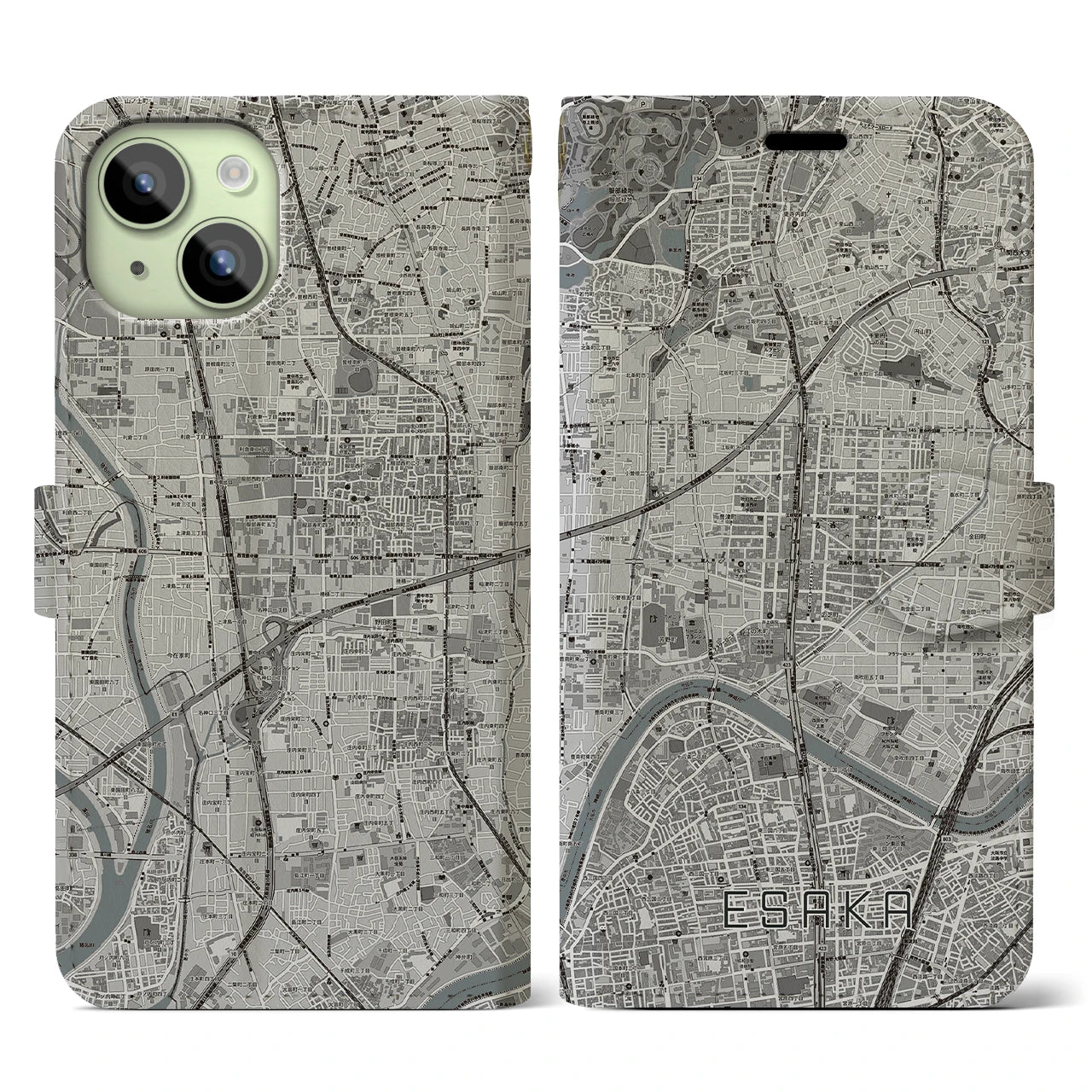 【江坂(大阪府)】地図柄iPhoneケース(手帳タイプ)モノトーン・iPhone 15 用