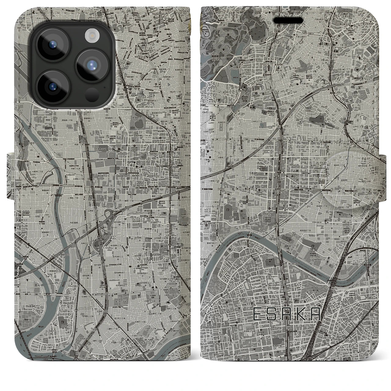 【江坂(大阪府)】地図柄iPhoneケース(手帳タイプ)モノトーン・iPhone 15 Pro Max 用