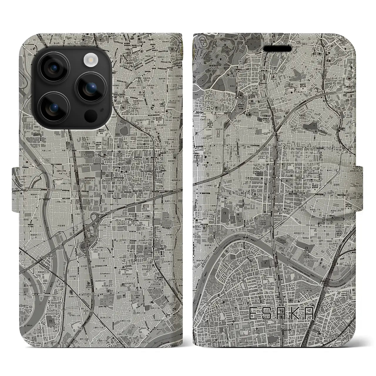 【江坂(大阪府)】地図柄iPhoneケース(手帳タイプ)モノトーン・iPhone 16 用