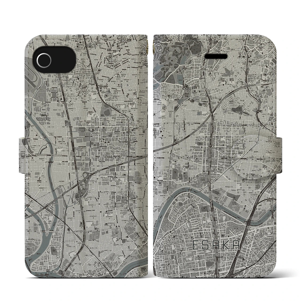 【江坂(大阪府)】地図柄iPhoneケース(手帳タイプ)モノトーン・iPhone SE(第3 / 第2世代) / 8 / 7 / 6s / 6 用