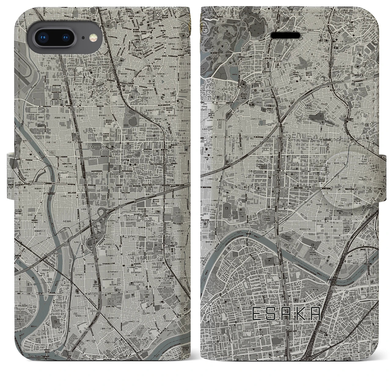 【江坂(大阪府)】地図柄iPhoneケース(手帳タイプ)モノトーン・iPhone 8Plus /7Plus / 6sPlus / 6Plus 用