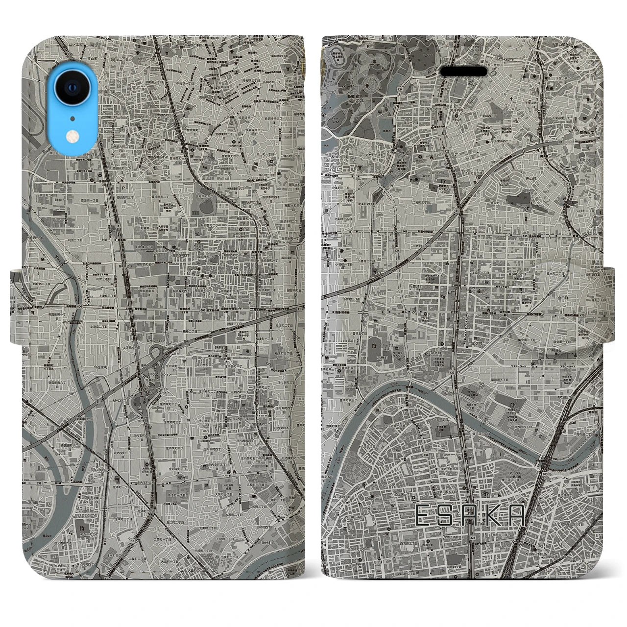 【江坂(大阪府)】地図柄iPhoneケース(手帳タイプ)モノトーン・iPhone XR 用