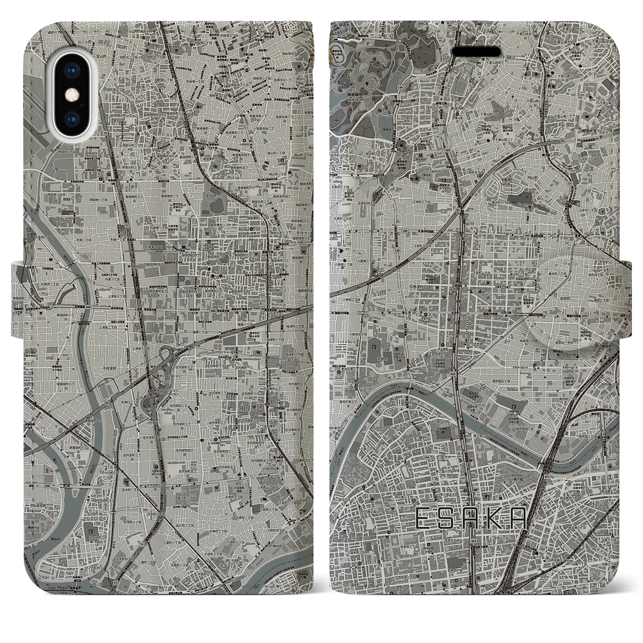 【江坂(大阪府)】地図柄iPhoneケース(手帳タイプ)モノトーン・iPhone XS Max 用