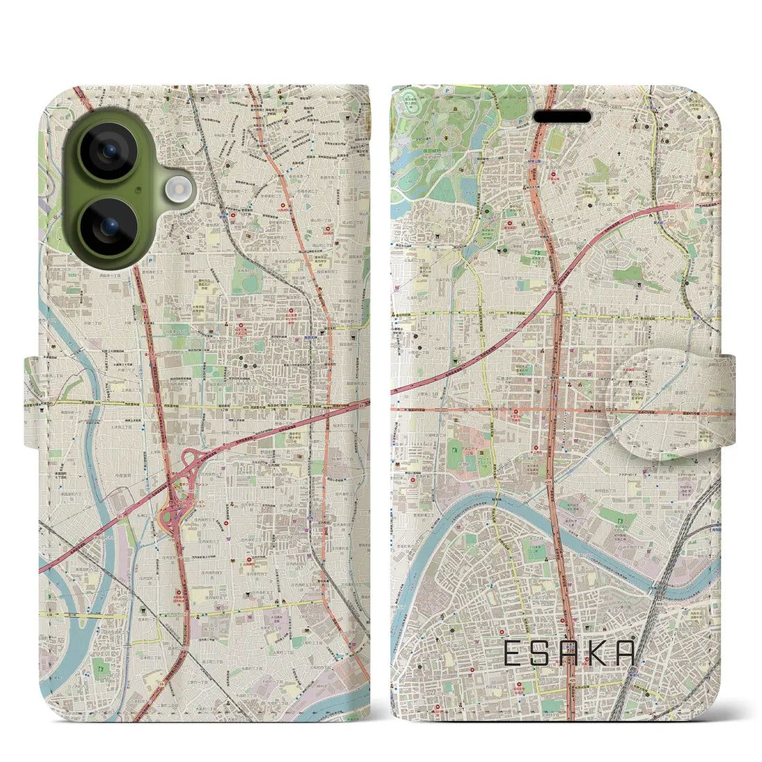 【江坂(大阪府)】地図柄iPhoneケース(手帳タイプ)ナチュラル・iPhone 17 Pro Max 用