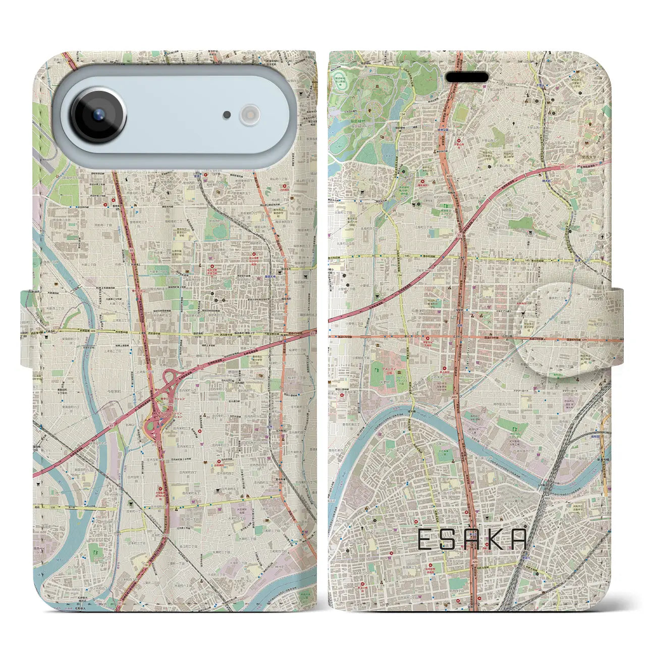 【江坂(大阪府)】地図柄iPhoneケース(手帳タイプ)モノトーン・iPhone 17 Pro Max 用