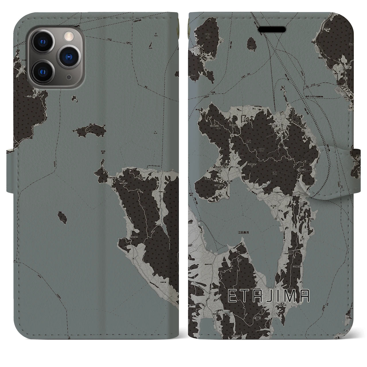 【江田島(広島県)】地図柄iPhoneケース(手帳タイプ)モノトーン・iPhone 11 Pro Max 用