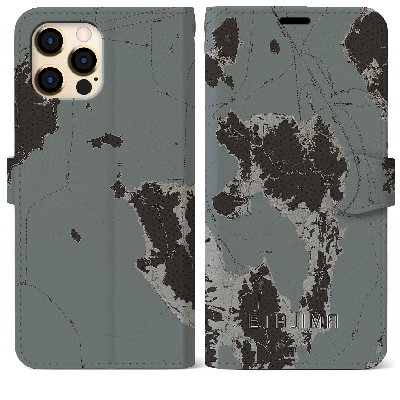 【江田島(広島県)】地図柄iPhoneケース(手帳タイプ)モノトーン・iPhone 12 Pro Max 用