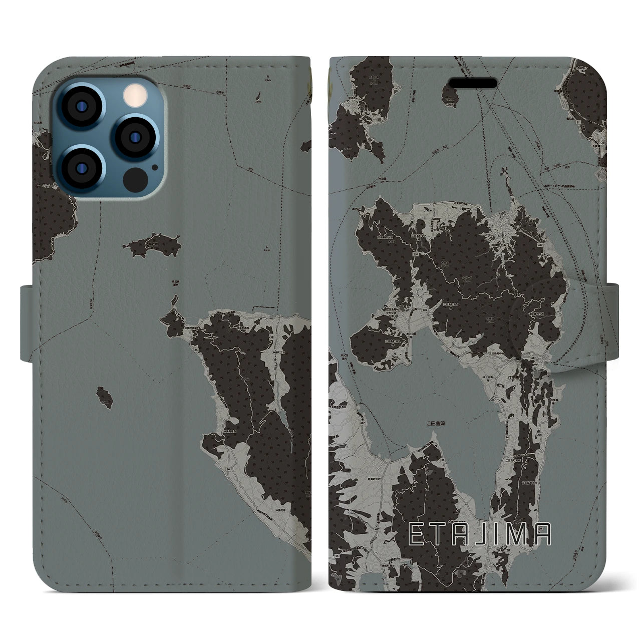 【江田島(広島県)】地図柄iPhoneケース(手帳タイプ)モノトーン・iPhone 12 / 12 Pro 用