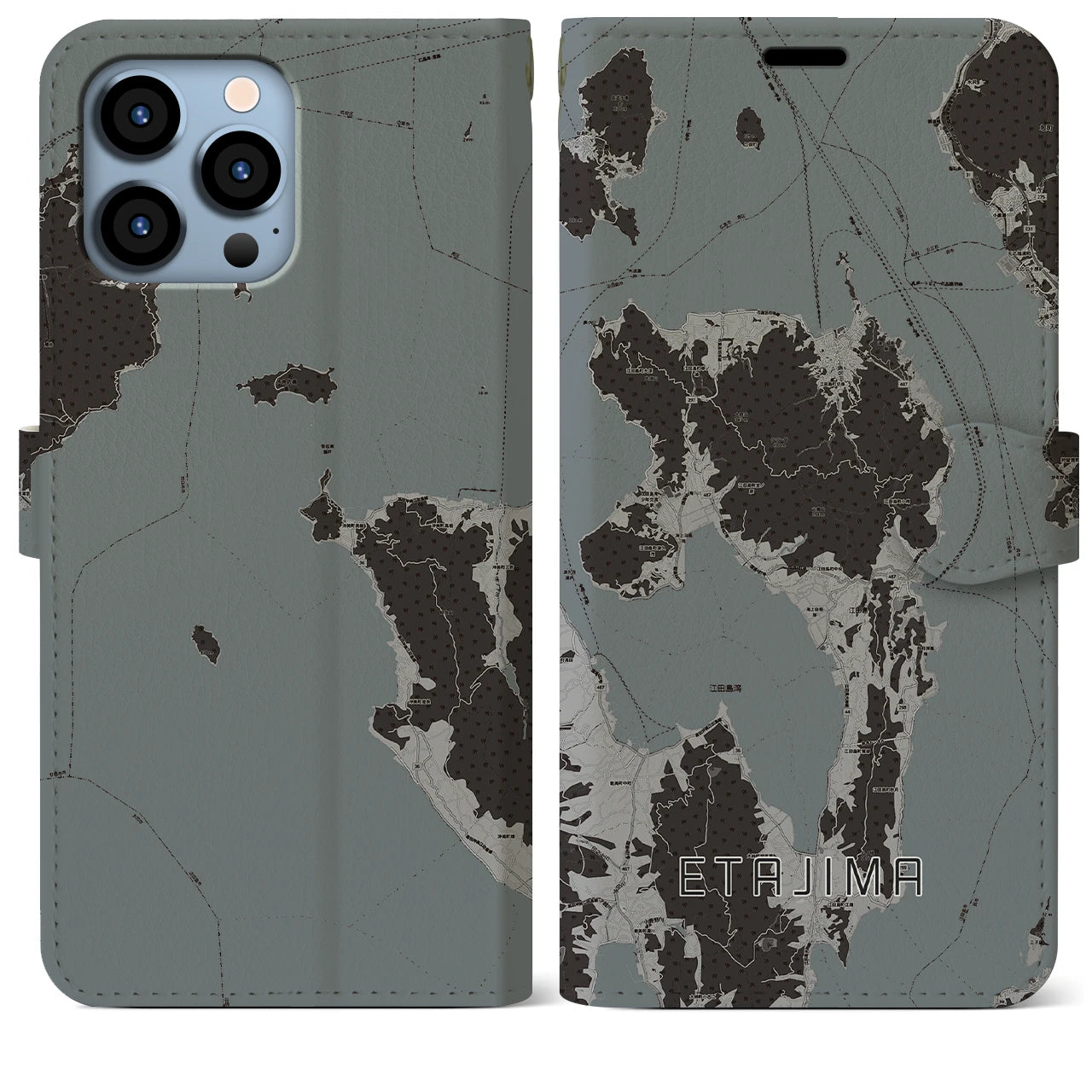 【江田島(広島県)】地図柄iPhoneケース(手帳タイプ)モノトーン・iPhone 13 Pro Max 用