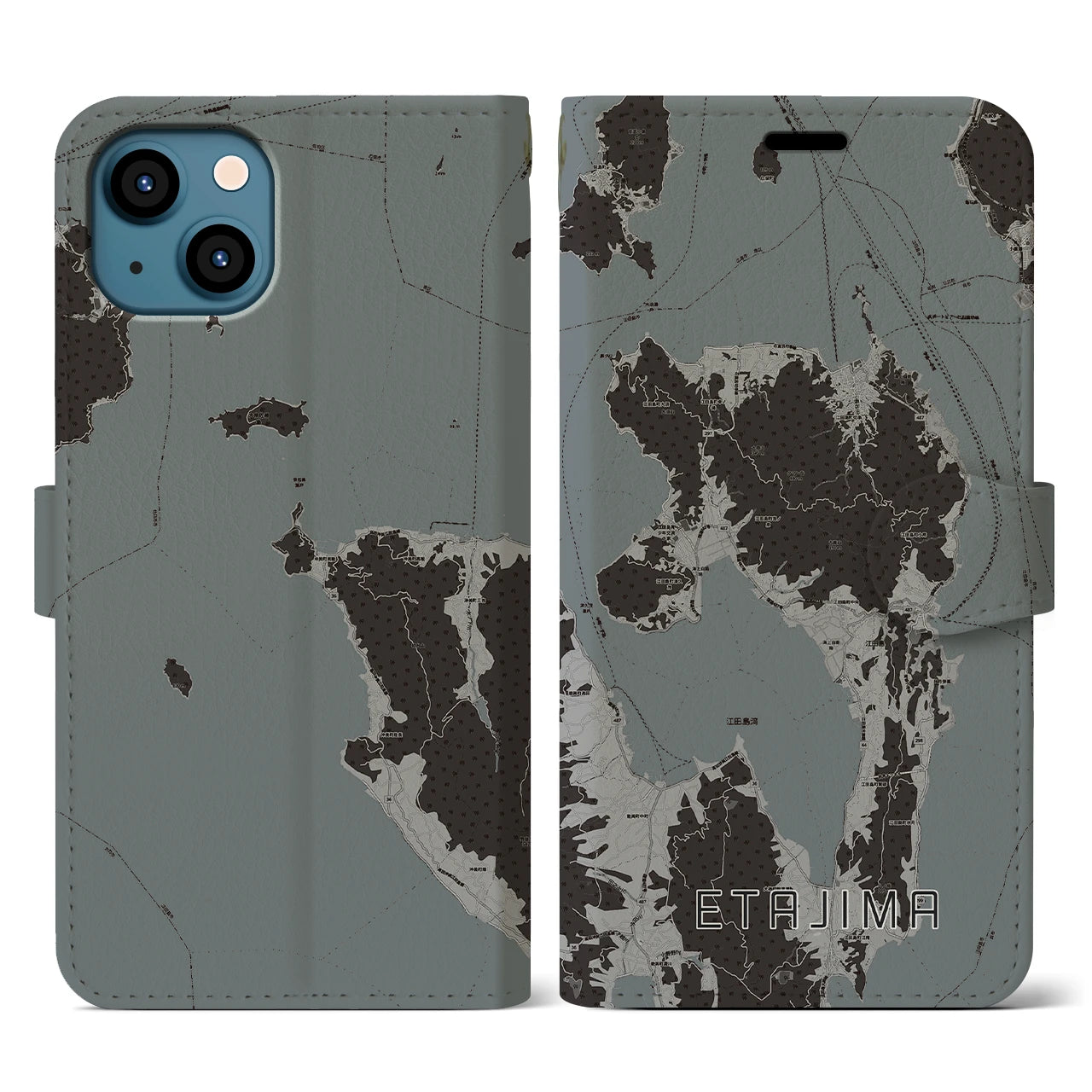 【江田島(広島県)】地図柄iPhoneケース(手帳タイプ)モノトーン・iPhone 13 用