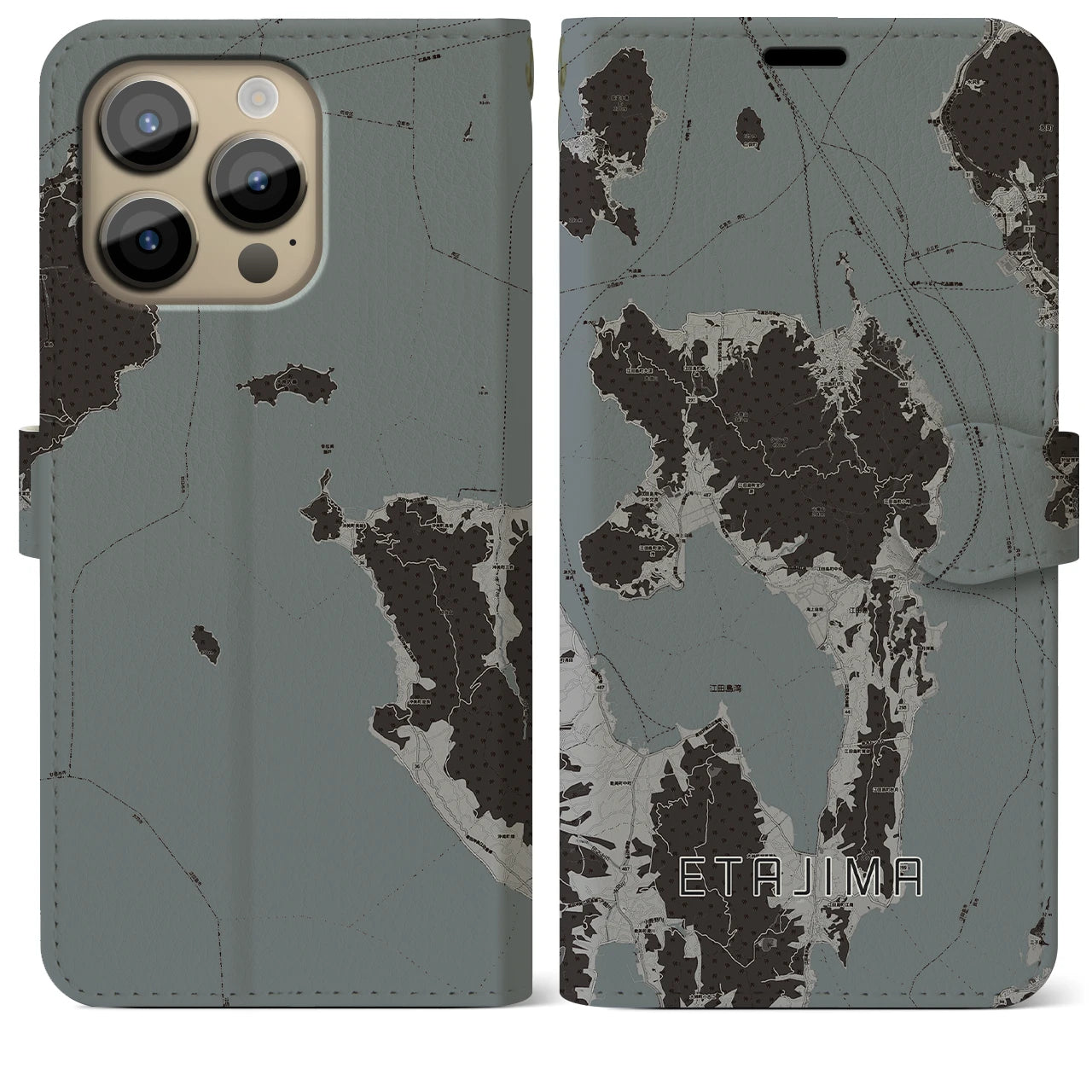【江田島(広島県)】地図柄iPhoneケース(手帳タイプ)モノトーン・iPhone 14 Pro Max 用