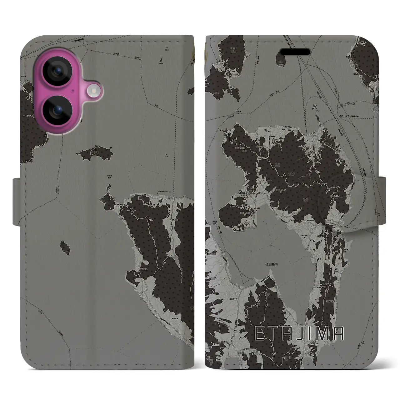 【江田島(広島県)】地図柄iPhoneケース(手帳タイプ)モノトーン・iPhone 16 Pro 用