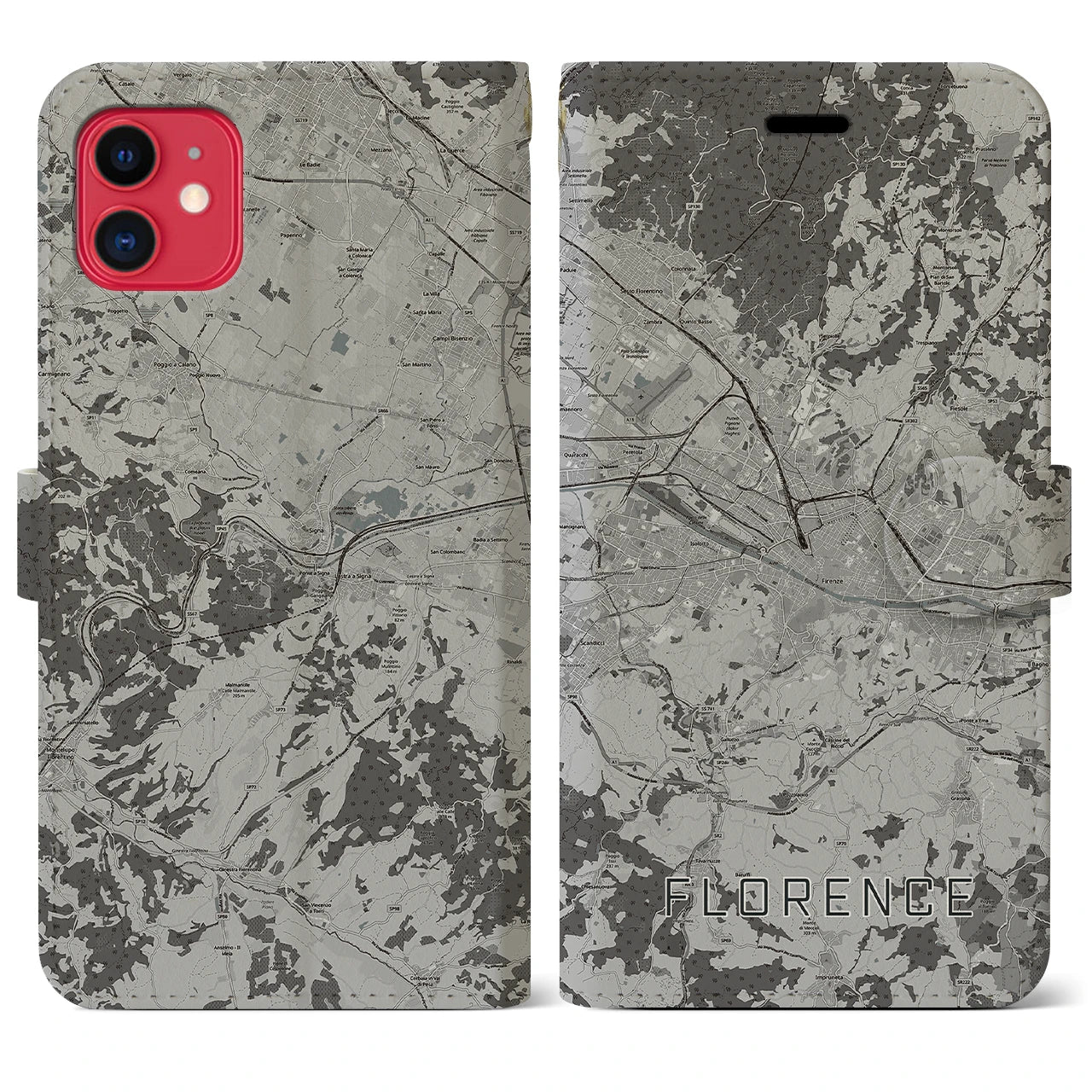 【フィレンツェ(イタリア)】地図柄iPhoneケース(手帳タイプ)モノトーン・iPhone 11 用