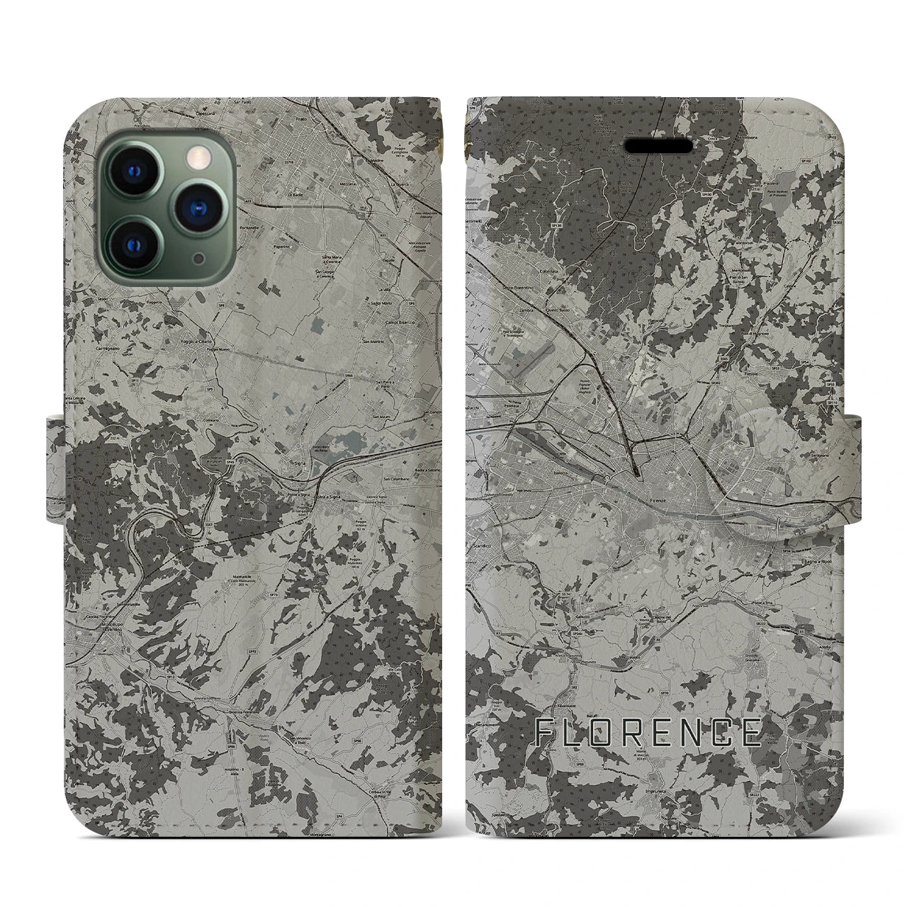 【フィレンツェ(イタリア)】地図柄iPhoneケース(手帳タイプ)モノトーン・iPhone 11 Pro 用