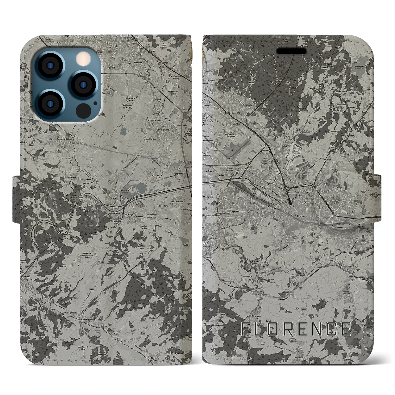 【フィレンツェ(イタリア)】地図柄iPhoneケース(手帳タイプ)モノトーン・iPhone 12 / 12 Pro 用