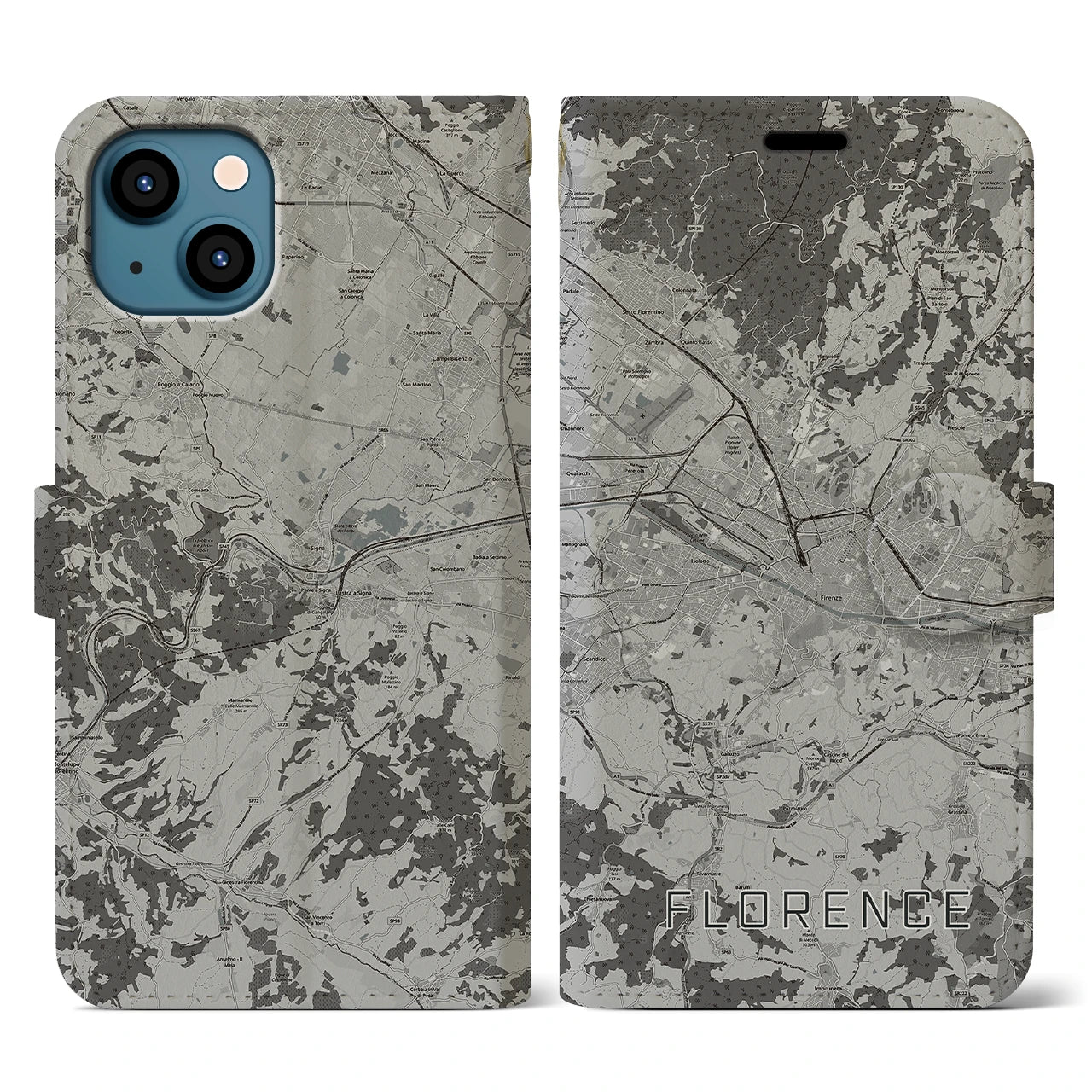 【フィレンツェ(イタリア)】地図柄iPhoneケース(手帳タイプ)モノトーン・iPhone 13 用