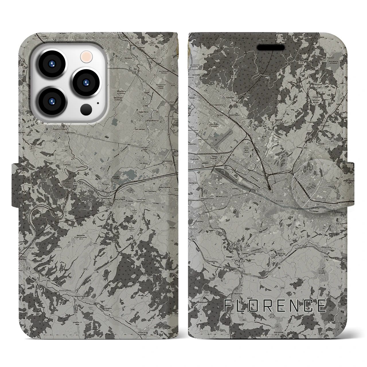 【フィレンツェ(イタリア)】地図柄iPhoneケース(手帳タイプ)モノトーン・iPhone 13 Pro 用