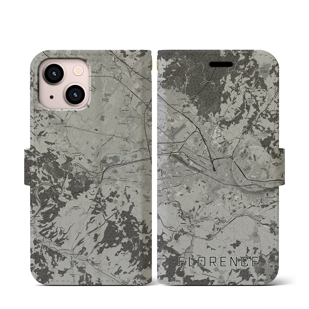 【フィレンツェ(イタリア)】地図柄iPhoneケース(手帳タイプ)モノトーン・iPhone 13 mini 用