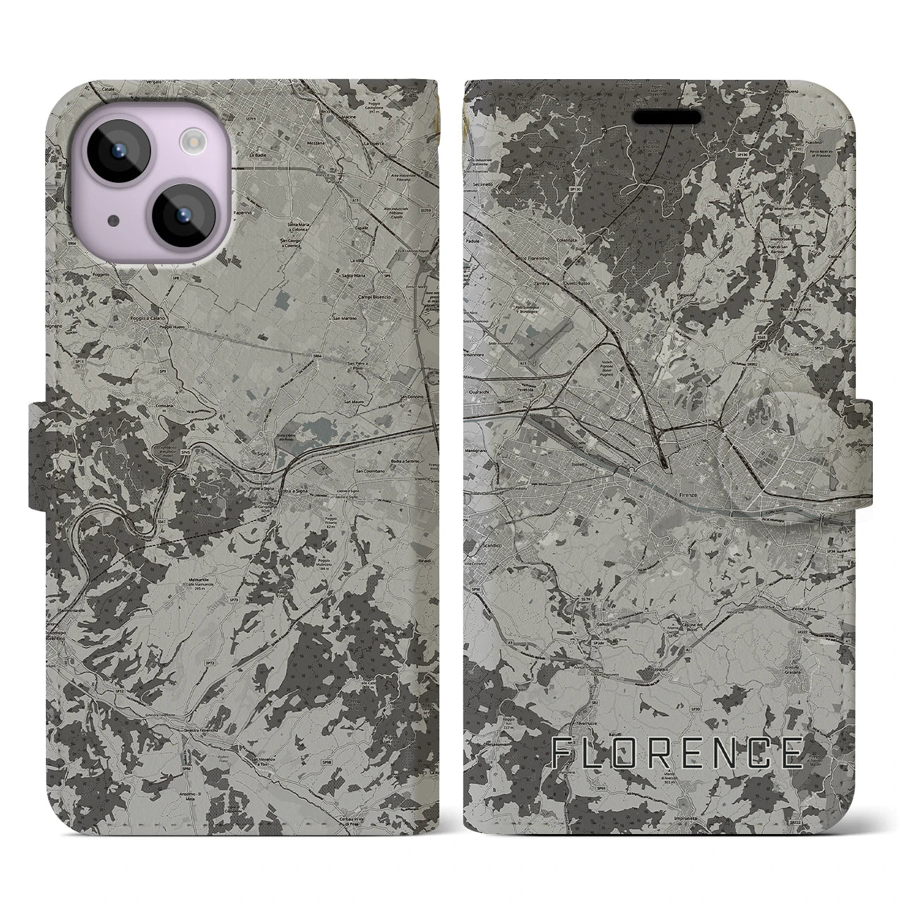 【フィレンツェ(イタリア)】地図柄iPhoneケース(手帳タイプ)モノトーン・iPhone 14 用