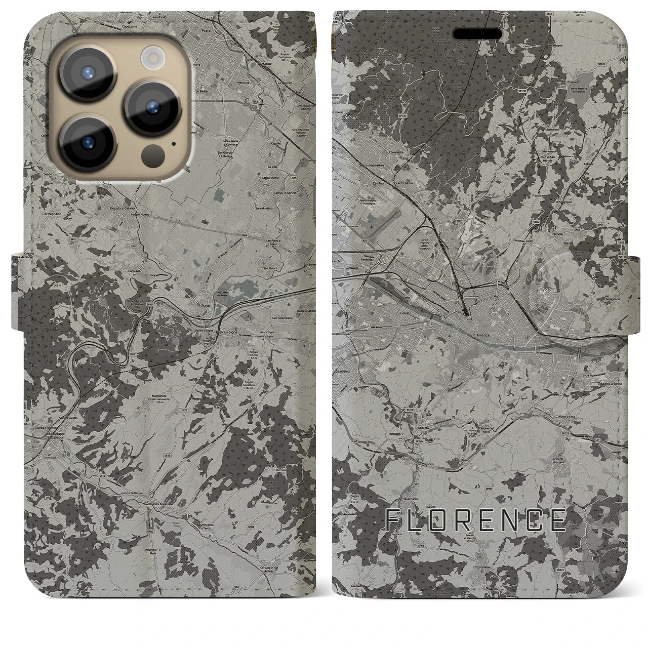 【フィレンツェ(イタリア)】地図柄iPhoneケース(手帳タイプ)モノトーン・iPhone 14 Pro Max 用