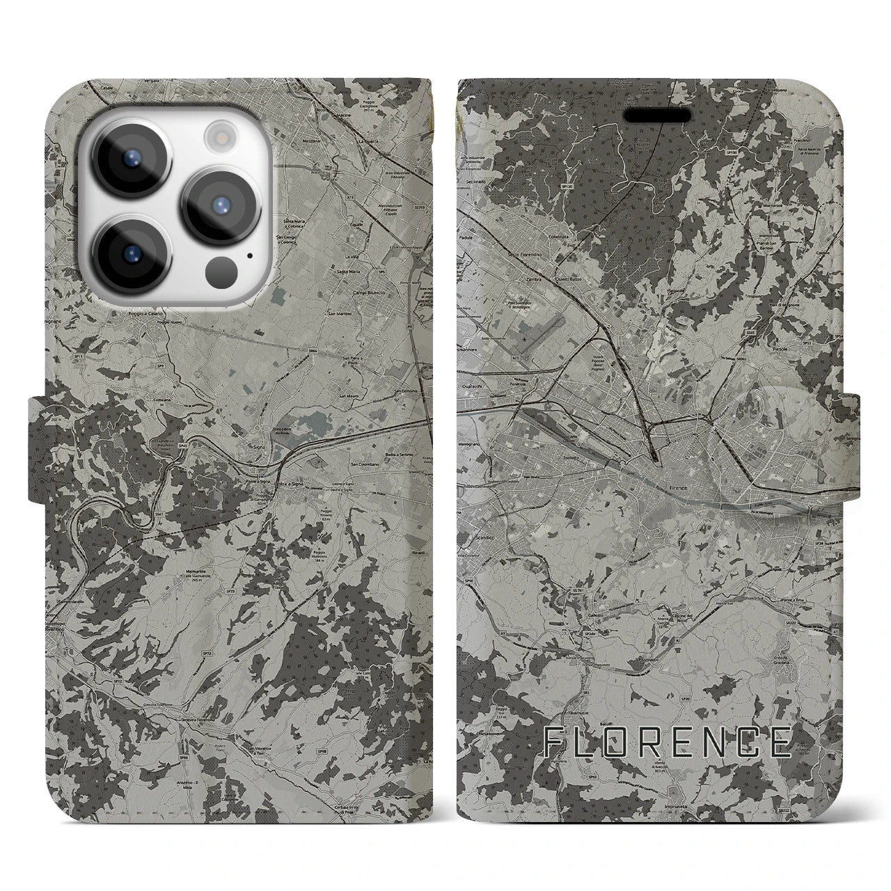 【フィレンツェ(イタリア)】地図柄iPhoneケース(手帳タイプ)モノトーン・iPhone 14 Pro 用