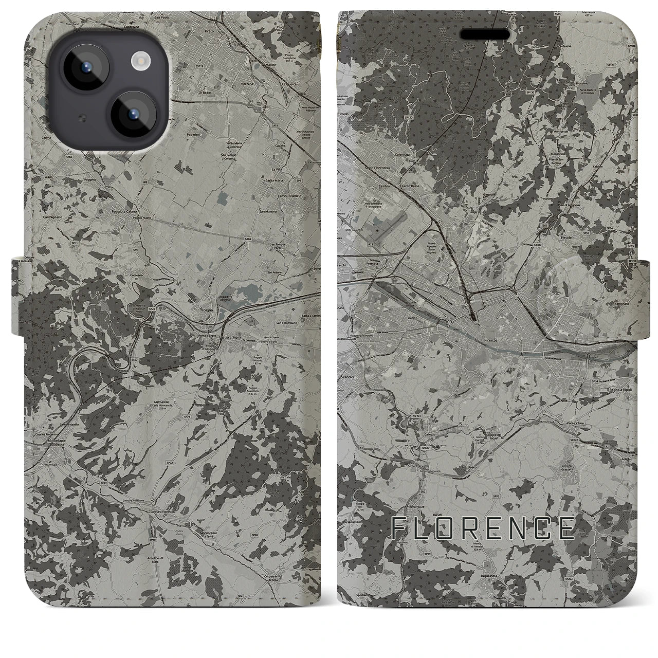 【フィレンツェ(イタリア)】地図柄iPhoneケース(手帳タイプ)モノトーン・iPhone 14 Plus 用