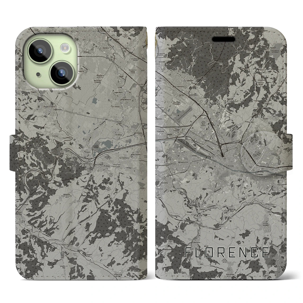 【フィレンツェ(イタリア)】地図柄iPhoneケース(手帳タイプ)モノトーン・iPhone 15 用