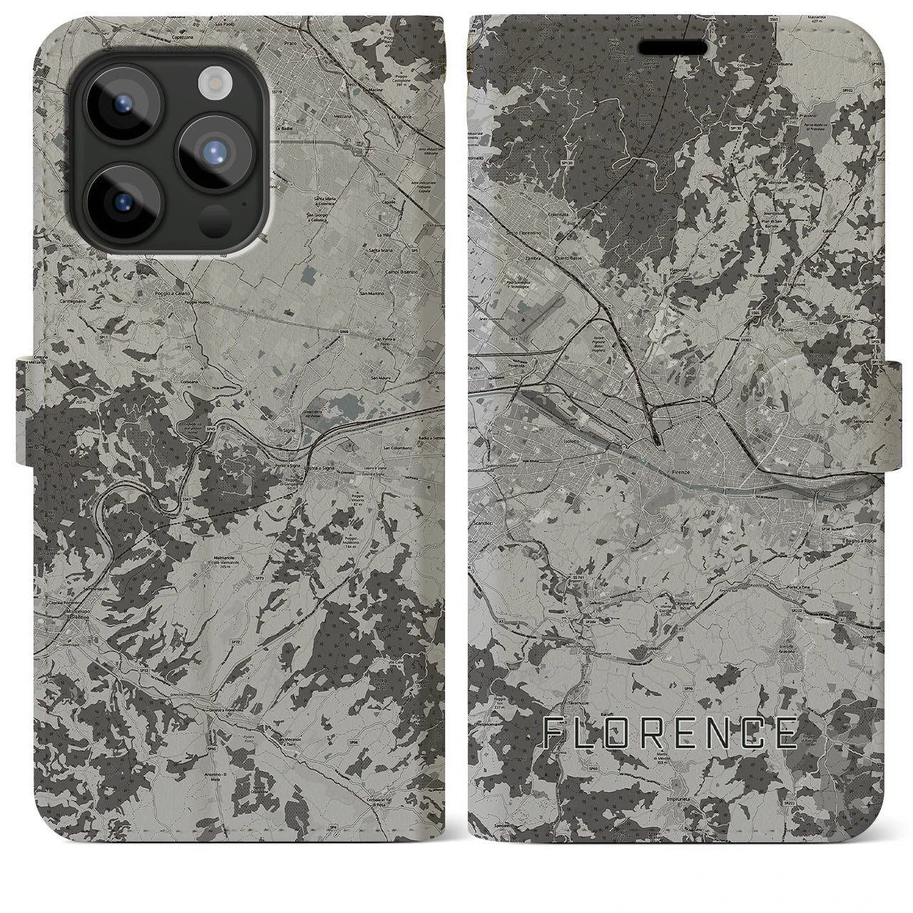 【フィレンツェ(イタリア)】地図柄iPhoneケース(手帳タイプ)モノトーン・iPhone 15 Pro Max 用
