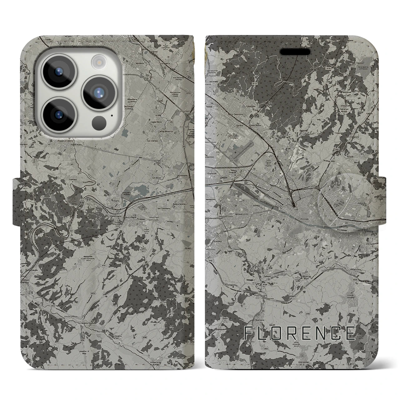 【フィレンツェ(イタリア)】地図柄iPhoneケース(手帳タイプ)モノトーン・iPhone 15 Pro 用