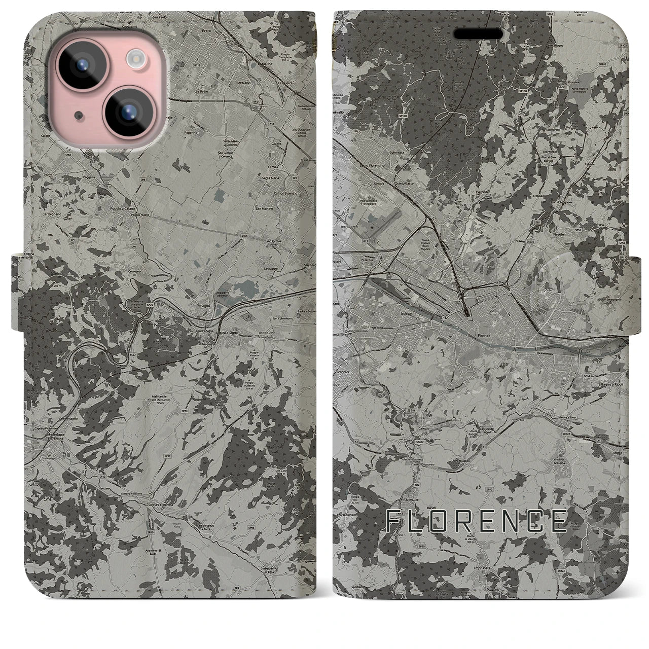 【フィレンツェ(イタリア)】地図柄iPhoneケース(手帳タイプ)モノトーン・iPhone 15 Plus 用