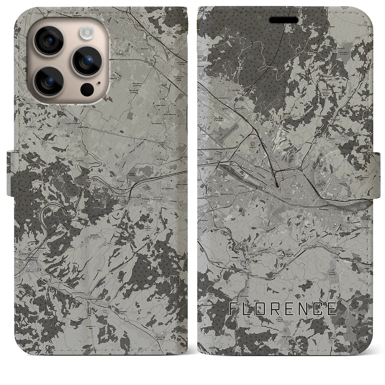 【フィレンツェ(イタリア)】地図柄iPhoneケース(手帳タイプ)モノトーン・iPhone 16 Plus 用