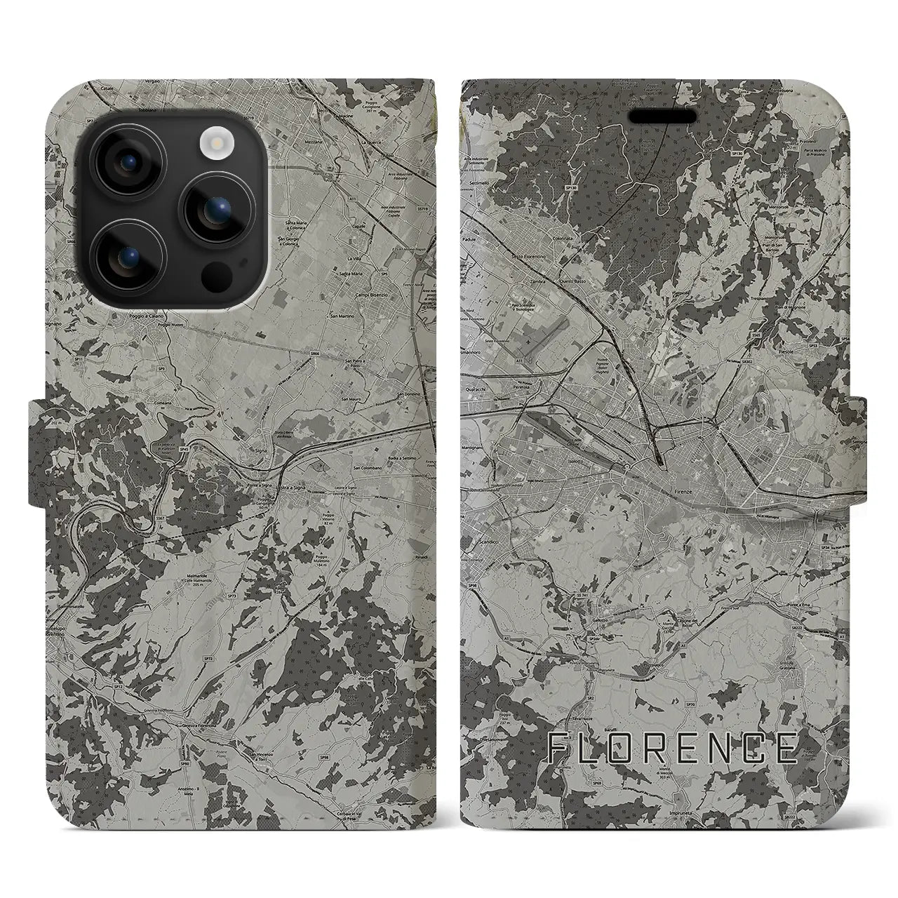 【フィレンツェ(イタリア)】地図柄iPhoneケース(手帳タイプ)モノトーン・iPhone 16 用