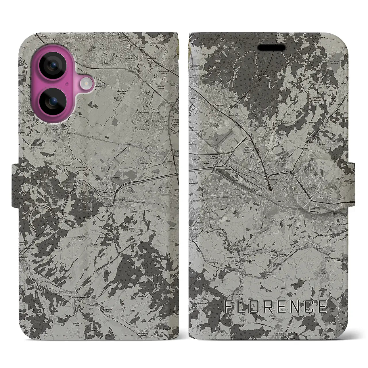 【フィレンツェ(イタリア)】地図柄iPhoneケース(手帳タイプ)モノトーン・iPhone 16 Pro 用