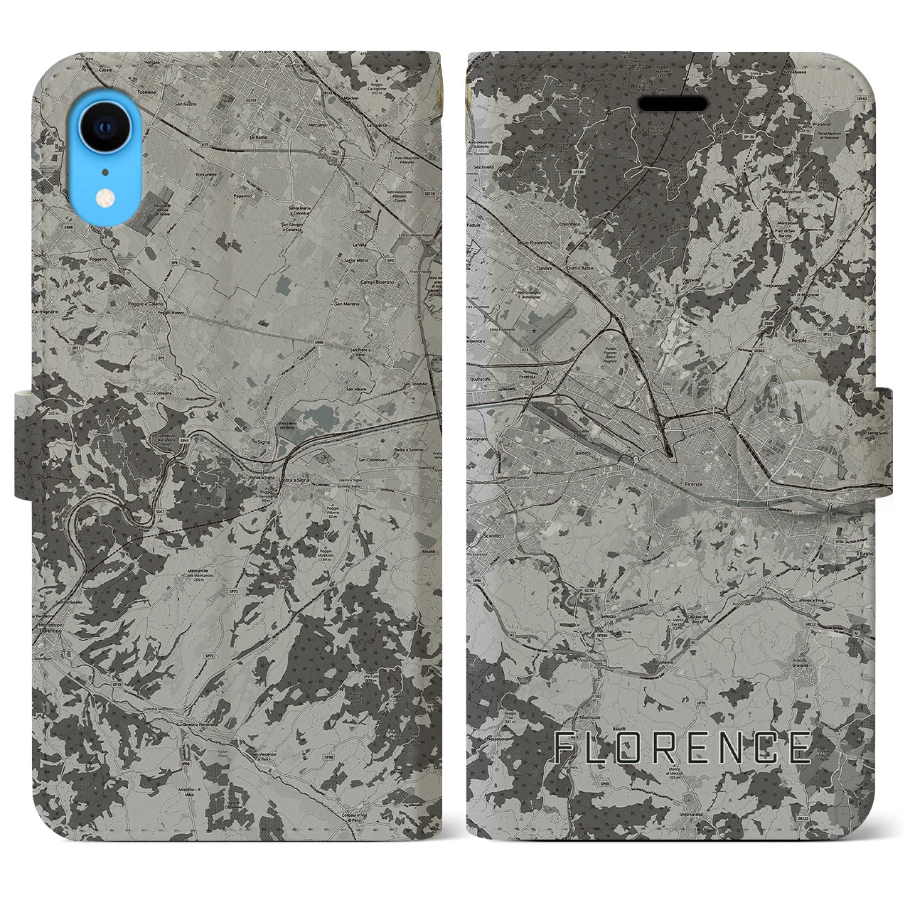【フィレンツェ(イタリア)】地図柄iPhoneケース(手帳タイプ)モノトーン・iPhone XR 用