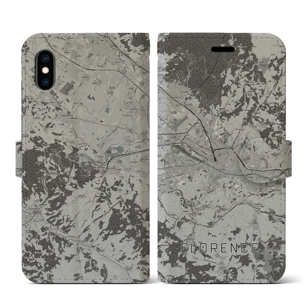 【フィレンツェ(イタリア)】地図柄iPhoneケース(手帳タイプ)モノトーン・iPhone XS / X 用